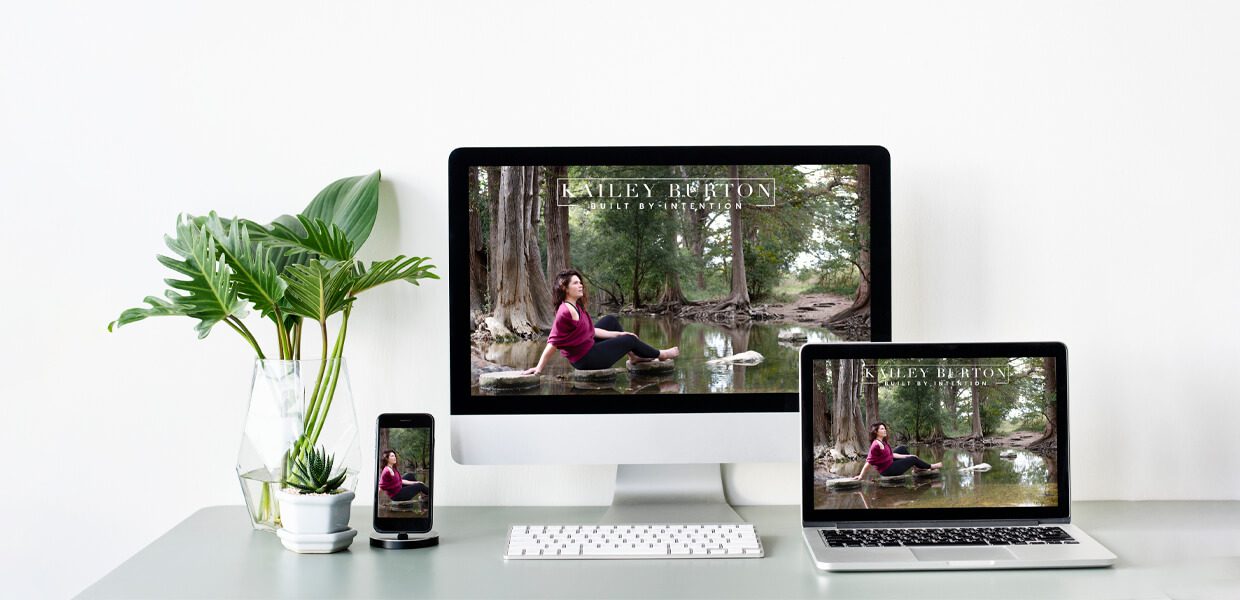 Various devices showing a meditation app with a peaceful nature background.